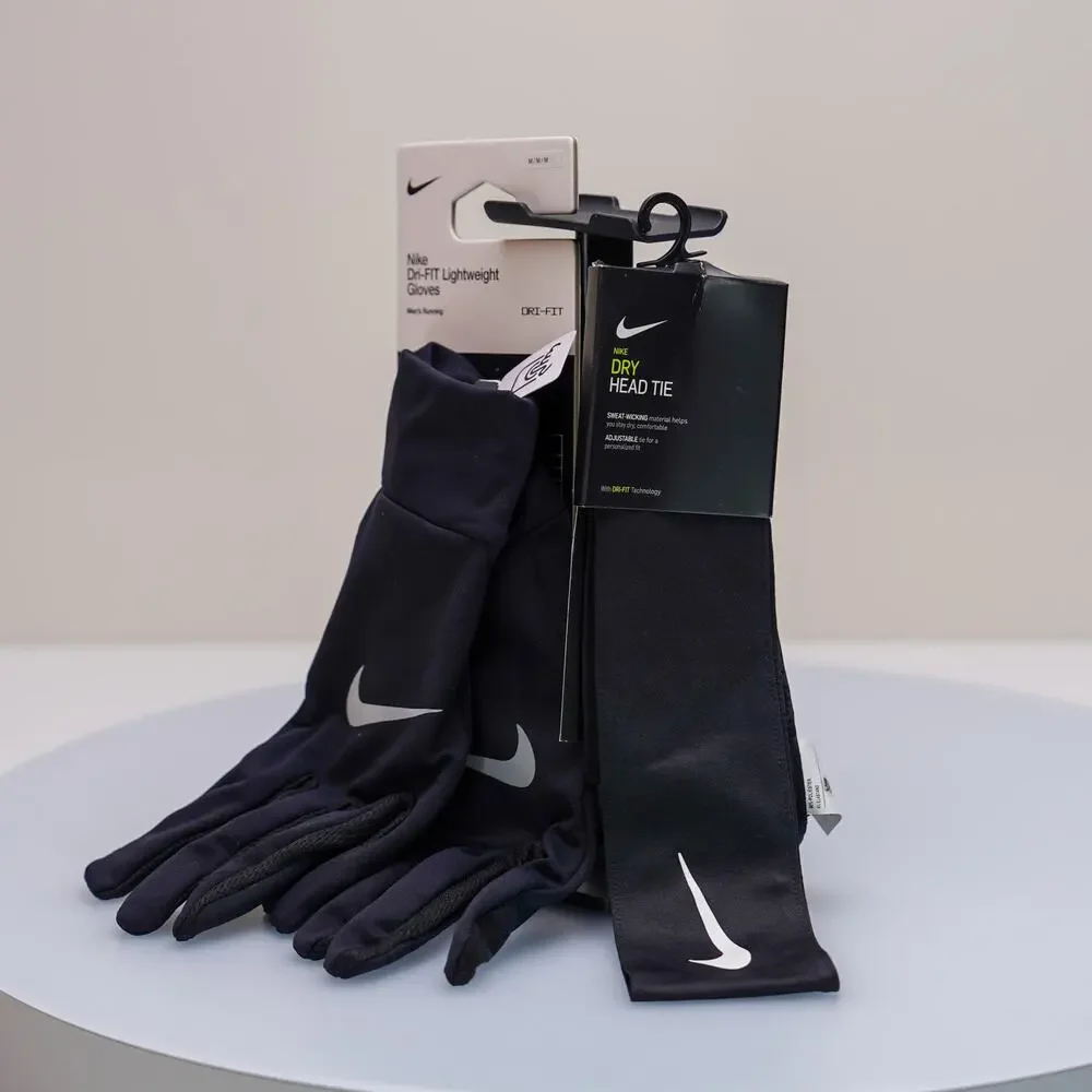 Nike Running Bundle Men's Medium Dri-FIT Gloves & Head Tie Black NWT - Picture 1 of 3